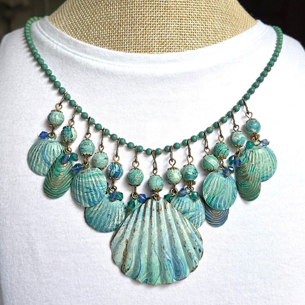 Teal Green Patina Shell Drops Turquoise Beaded Necklace Coastal Beach 22"
